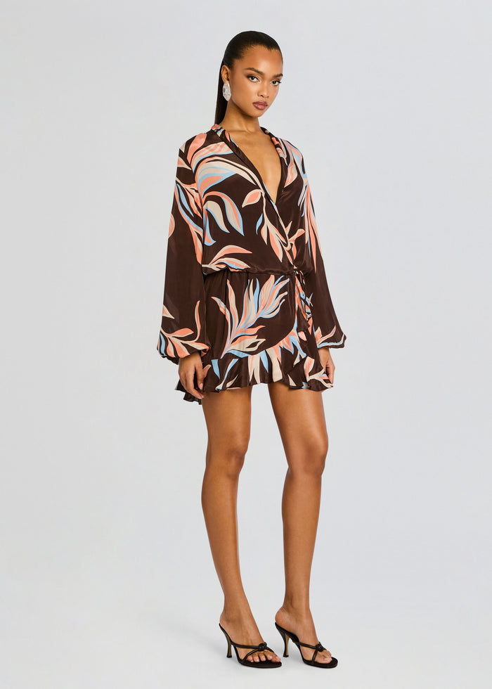 Brown Fern Front Wrap Mini Dress with pastel leaf print, deep V neckline, long bishop sleeves, and a ruffled hem. media 3 of 5