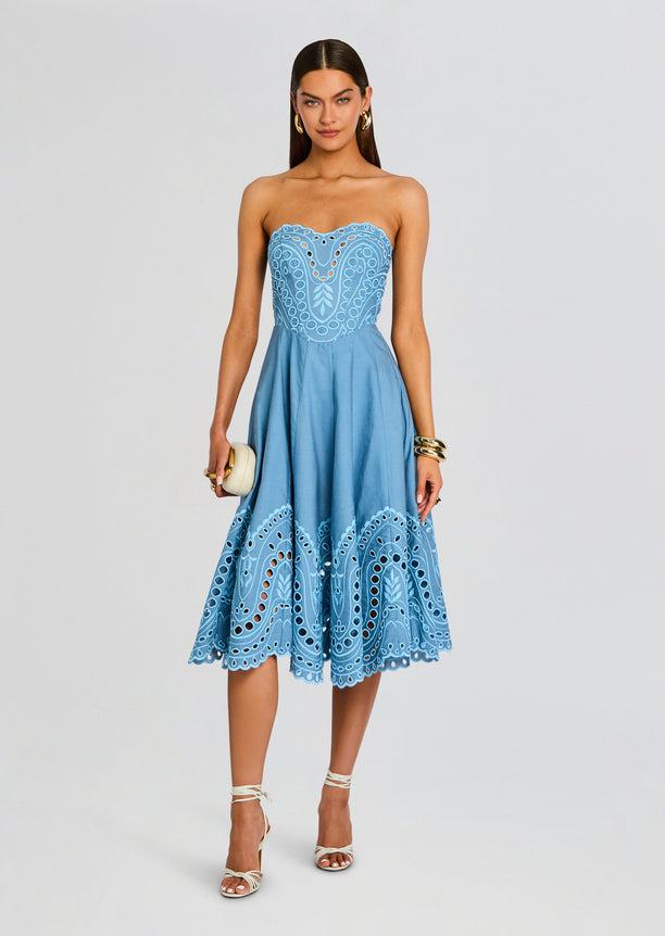 Blue strapless Marlin Long Dress with embroidered lace bodice and a full skirt