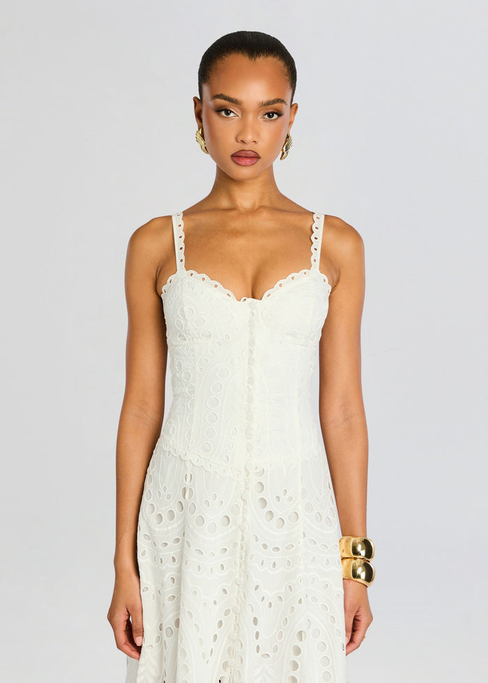 Front view of model wearing white Solace Long Dress with scalloped straps and sweetheart neckline. media 5 of 5
