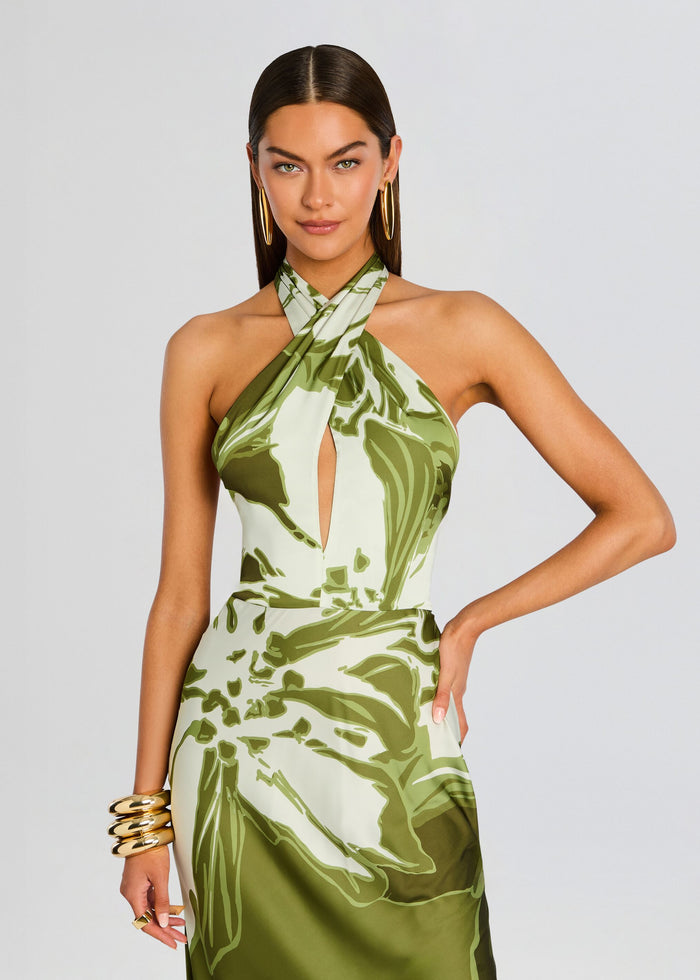 Front view of the Avo Maxi Dress with a crisscross halter neck and keyhole opening in green botanical print. media 5 of 5
