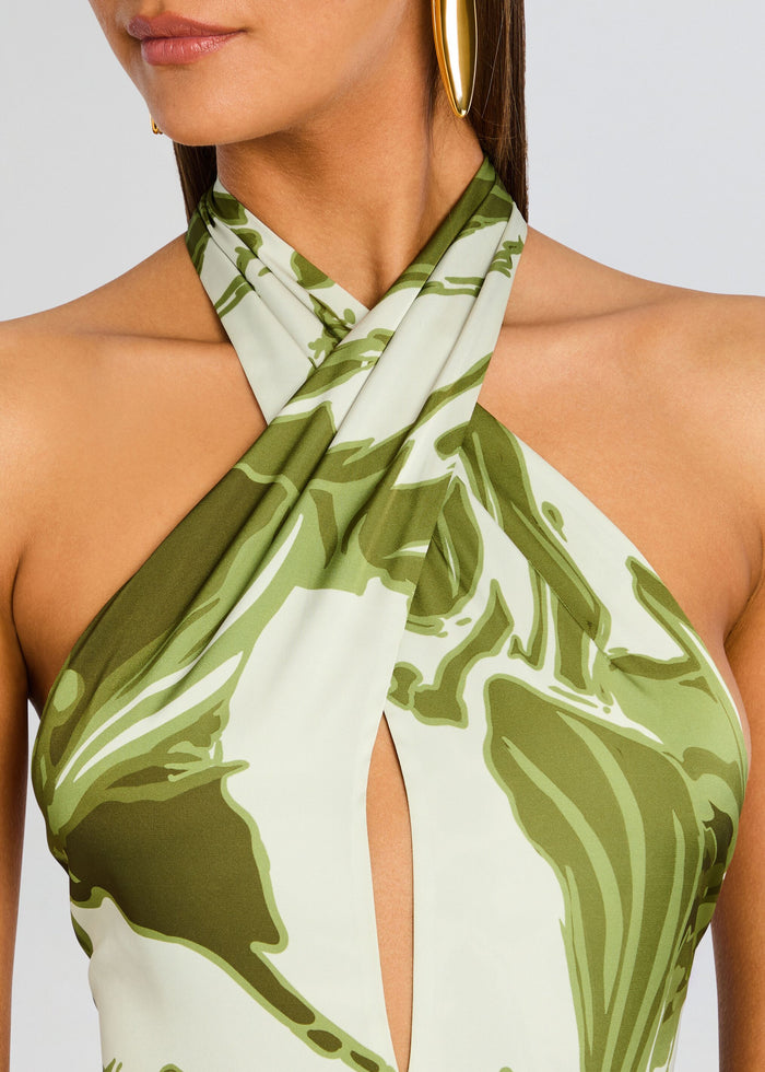 Close up of Avo Maxi Dress halter neckline with leafy green print and teardrop cutout. media 2 of 5