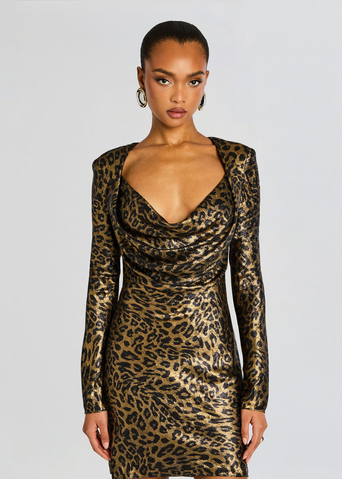 Madeleine Mini Dress in metallic gold leopard print with long sleeves and a draped neckline. media 5 of 5