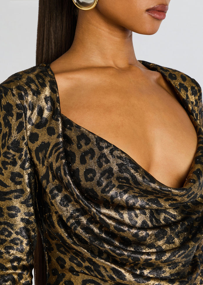 Close up of Madeleine Mini Dress in metallic gold leopard print with a draped cowl neckline. media 2 of 5