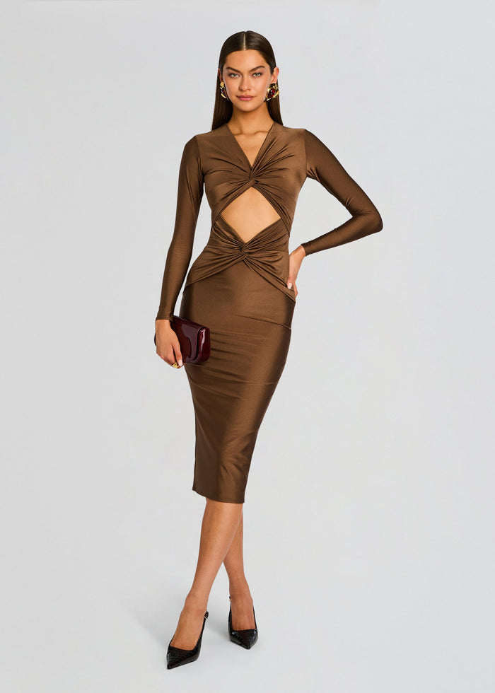 Front view of Maida Midi Dress in brown with twist knot and midriff cutout. media 5 of 5