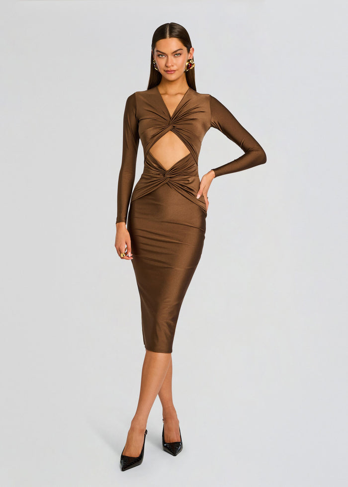 Maida Midi Dress in bronze satin with front twist and midriff cutout, long sleeves, knee-length media 1 of 5