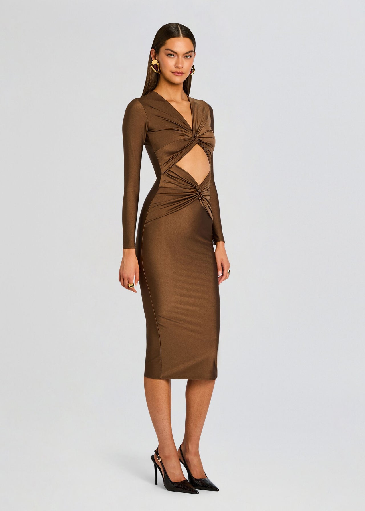 brown dress midi length SEROYA Maida Dress in Brown