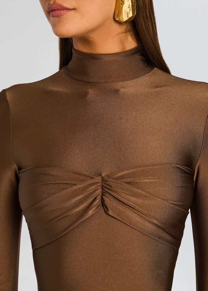 Close-up of bronze brown Margie Mini Dress showing metallic fabric, high neck, and twisted ruching at the bust. media 2 of 5