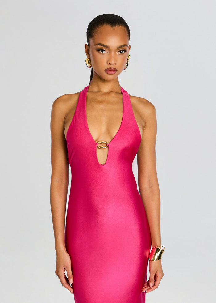 Front view of a fuchsia halter maxi dress with a plunging neckline and gold ring centerpiece media 4 of 4