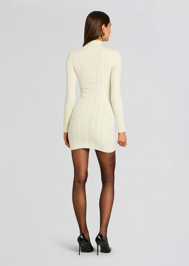 Ivory Tonya Knit Mini Dress back view showing cable knit pattern and long sleeves