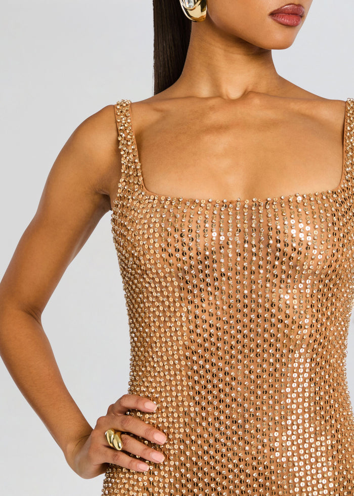 Bust-height close-up of Xiomara Sequin Dress highlighting the sparkling gold sequins and square neckline. media 3 of 6