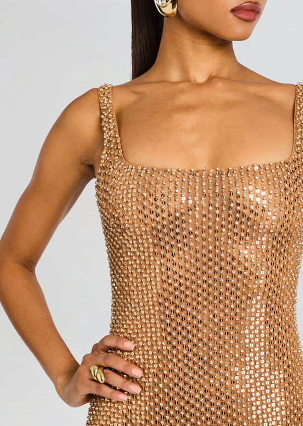 Bust-height close-up of Xiomara Sequin Dress highlighting the sparkling gold sequins and square neckline.