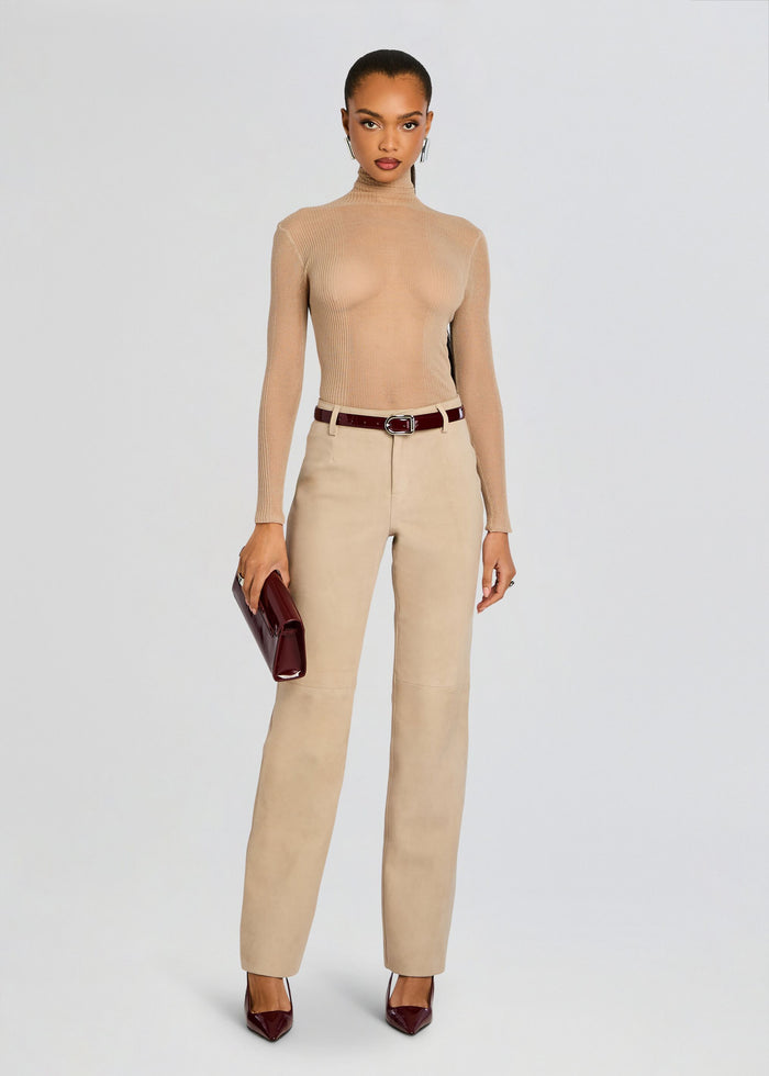 Model wearing beige Adelina Suede Pants with a tan turtleneck and burgundy belt media 6 of 6