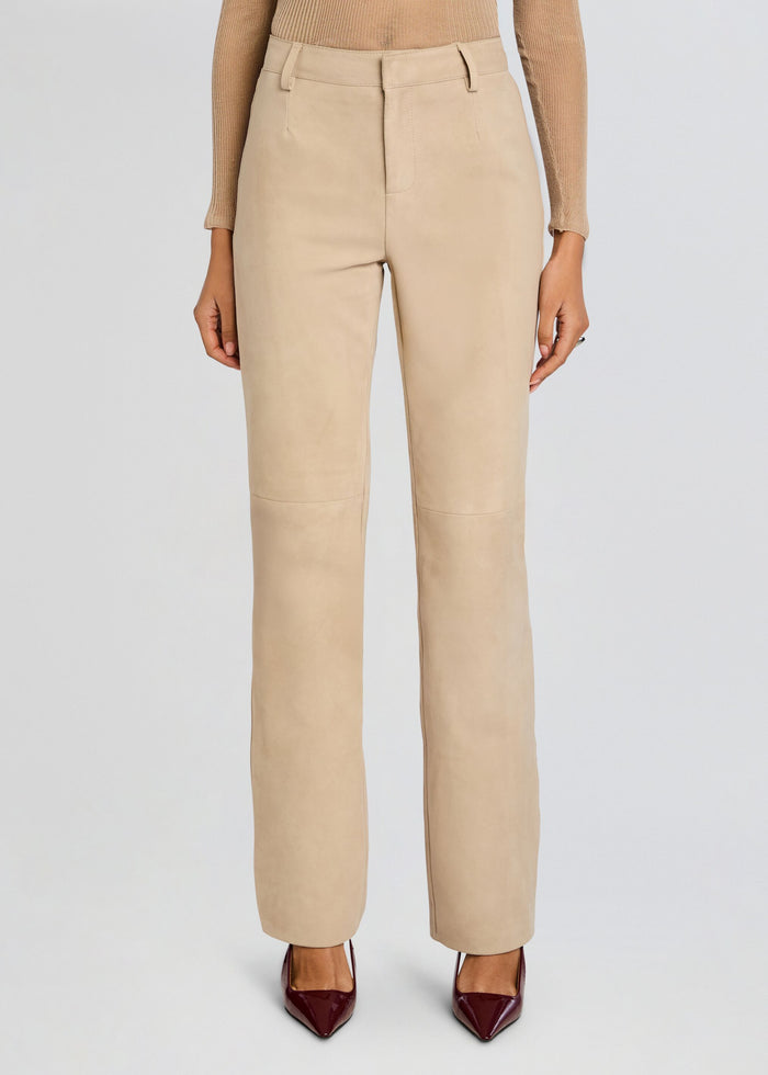 Beige Adelina Suede Pant with a black belt on a model. media 1 of 6