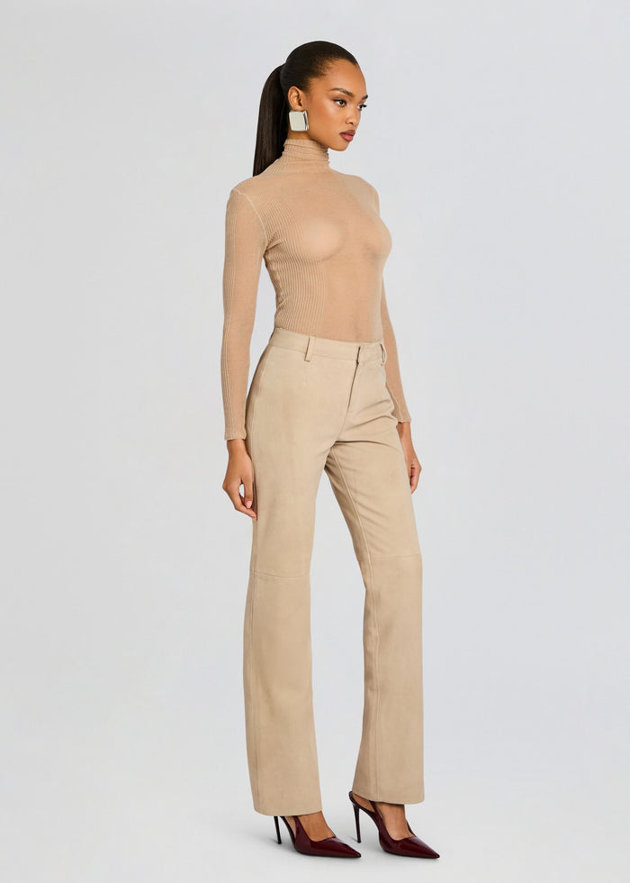 Front view of model wearing beige Adelina Suede Pant with high waist and straight legs media 4 of 6