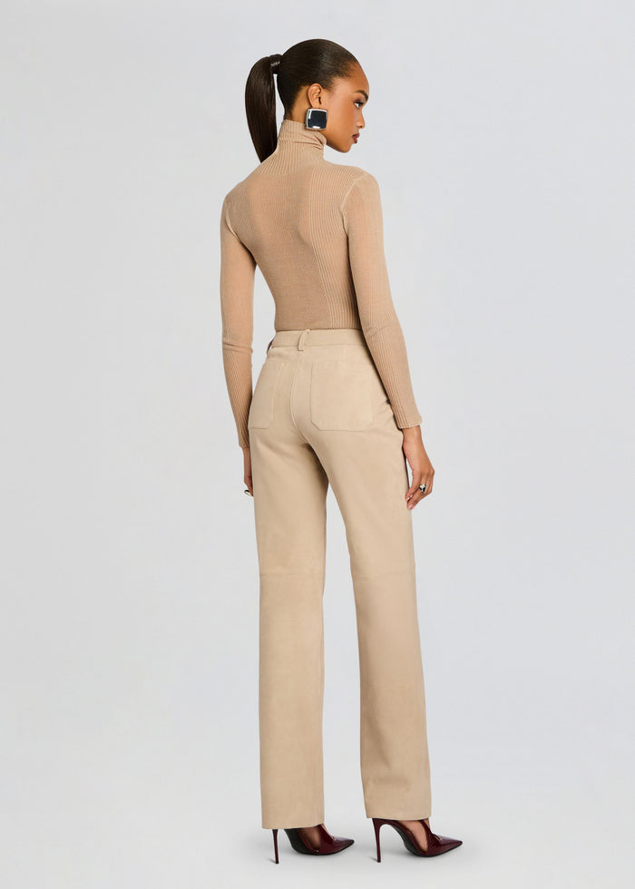 Back view of beige Adelina Suede Pant showing back pockets and belt loops media 5 of 6