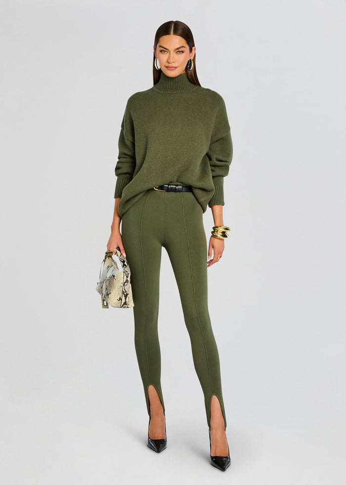 Beatrice Sweater olive knit set with matching knit pants belt and snakeskin handbag. media 2 of 5