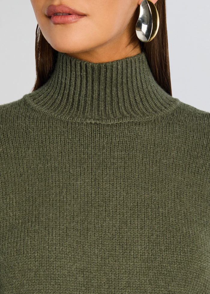Close up of Beatrice Sweater ribbed olive turtleneck neckline. media 3 of 5