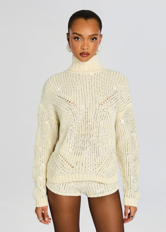 Cream Camden embellished sweater with a chunky turtleneck and a sparkling grid pattern paired with matching knit shorts media 1 of 5