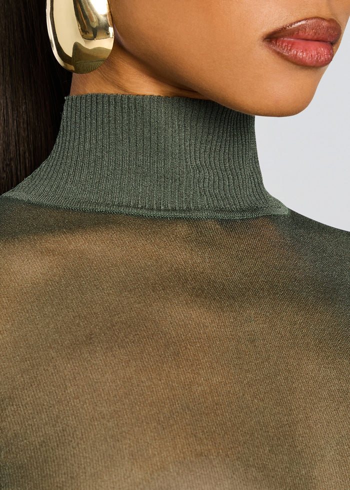 Close up of olive green ribbed turtleneck collar from the Lainey Top. media 3 of 6