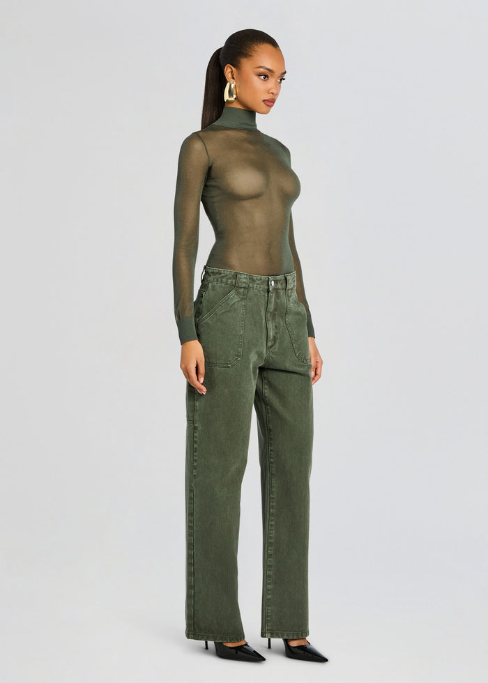 Model wearing sheer olive green Lainey Top with olive cargo pants. media 4 of 6