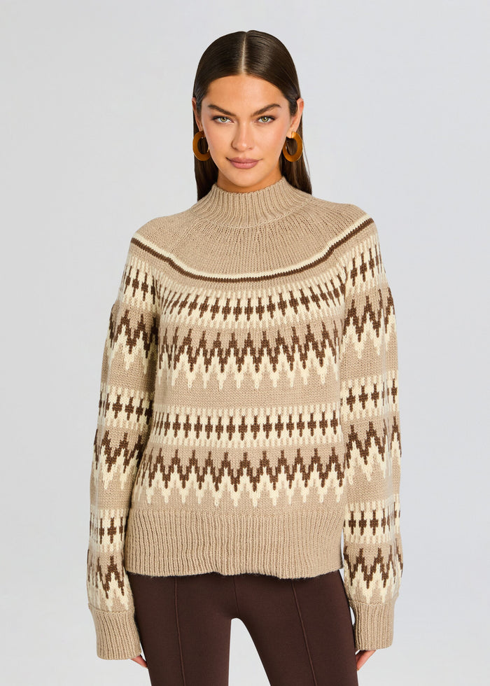 Beige Tirza Sweater with brown cream geometric pattern and ribbed cuffs on model media 1 of 5