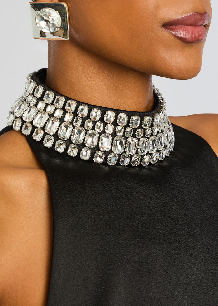 Close-up of a multirow crystal choker around the neck with square crystal earrings media 3 of 5