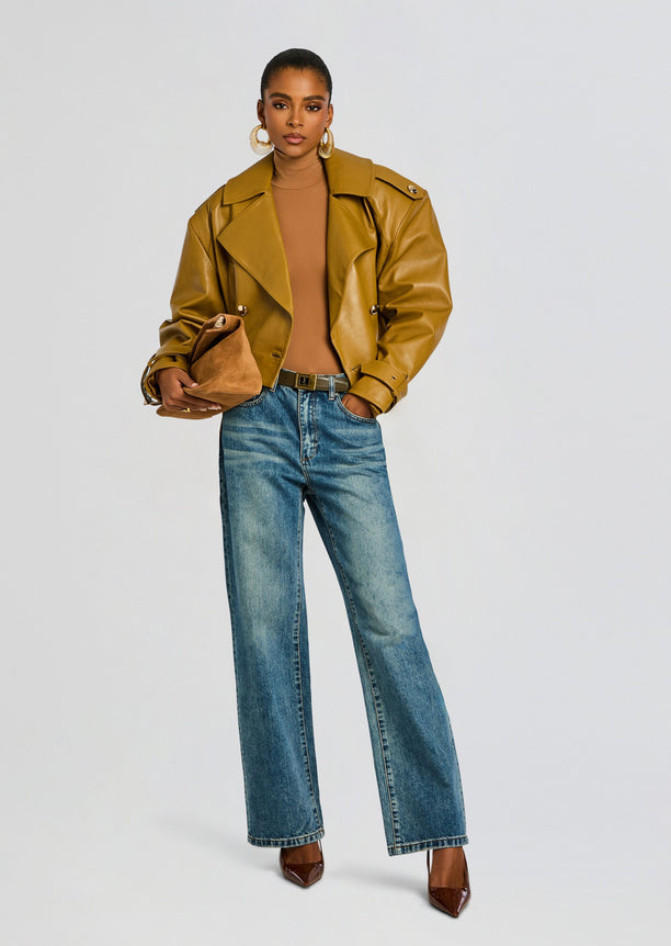 Model wearing Ballet Turtleneck Bodysuit with a camel leather jacket and blue denim jeans.