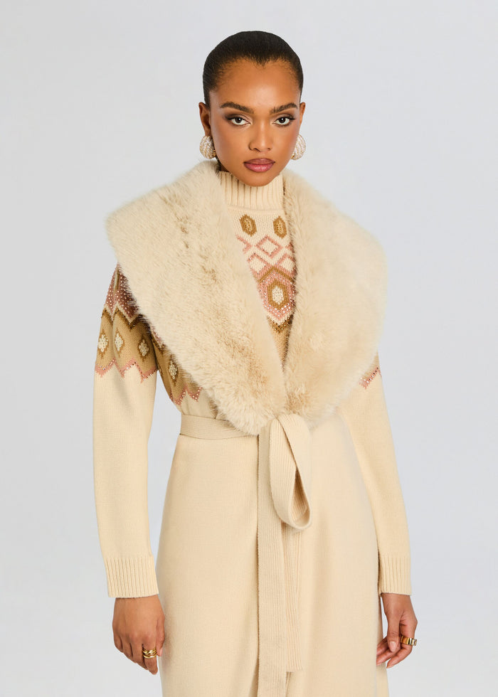 Front view of Basalt Knit Cardigan with a large cream fur stole draped over the shoulders and a belt tied at the waist. media 6 of 6