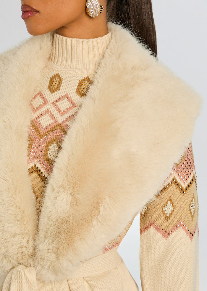 Cream Basalt Knit Cardigan close-up with plush faux fur wrap draped over the shoulder media 2 of 6