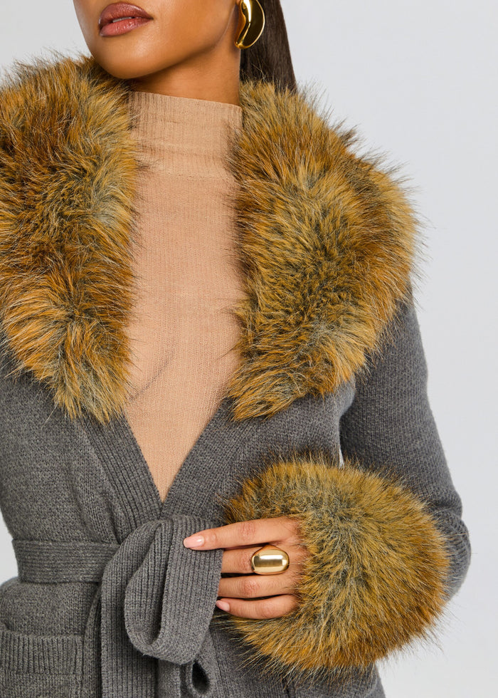 Close-up of the grey knit Chantelle Robe showing the golden fur collar and cuffs media 3 of 6