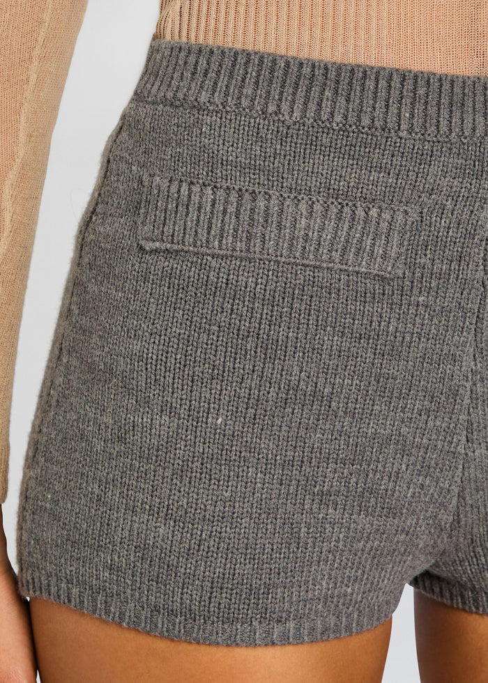 Close-up of Lilian Knit Short waistband and pocket detail in grey knit. media 3 of 5