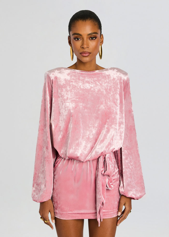 Front view of pink velvet Elysia Dress with long sleeves and a tied waist media 5 of 5