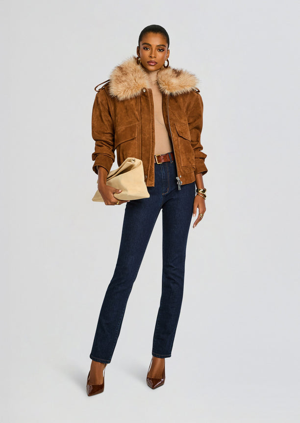 Front view of model in caramel suede jacket with fur collar, dark jeans and beige clutch.