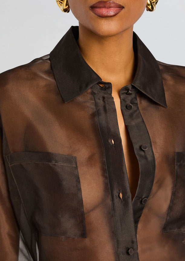 Close up of Estella Silk Top showing black collar and front placket in sheer brown silk