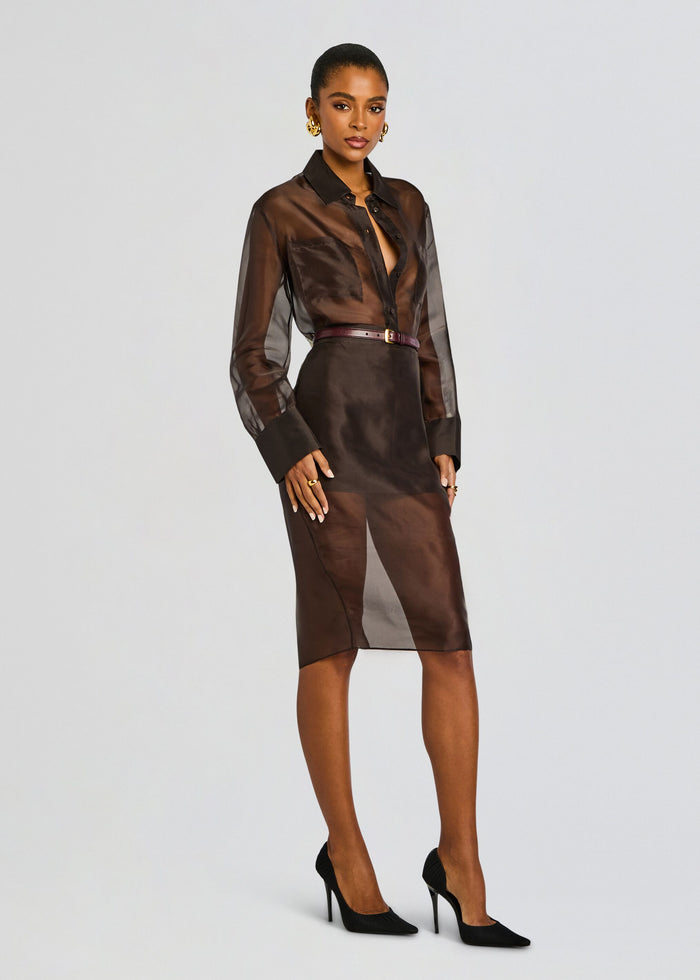 Full body shot of model in Elda Silk Midi Skirt ensemble wearing sheer brown top and burgundy belt with black heels media 4 of 6