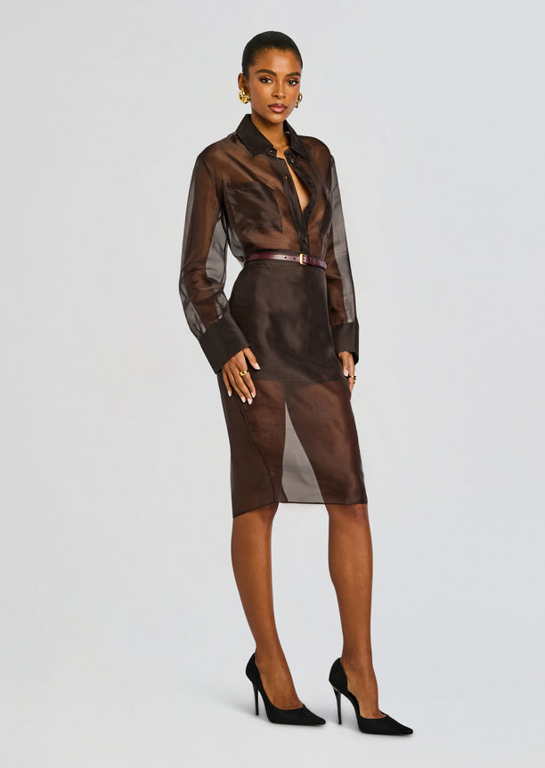 Model wearing Estella Silk Top a sheer chocolate brown blouse tucked into a matching satin skirt with a burgundy belt and gold accessories.