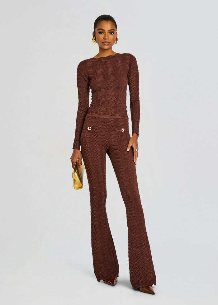 Joliet Rib Knit Pant set in brown with a matching top and gold button pocket details. media 2 of 5