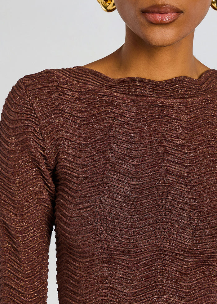 Close-up of a bronze brown Galina rib knit top with shimmering wavy texture. media 3 of 5
