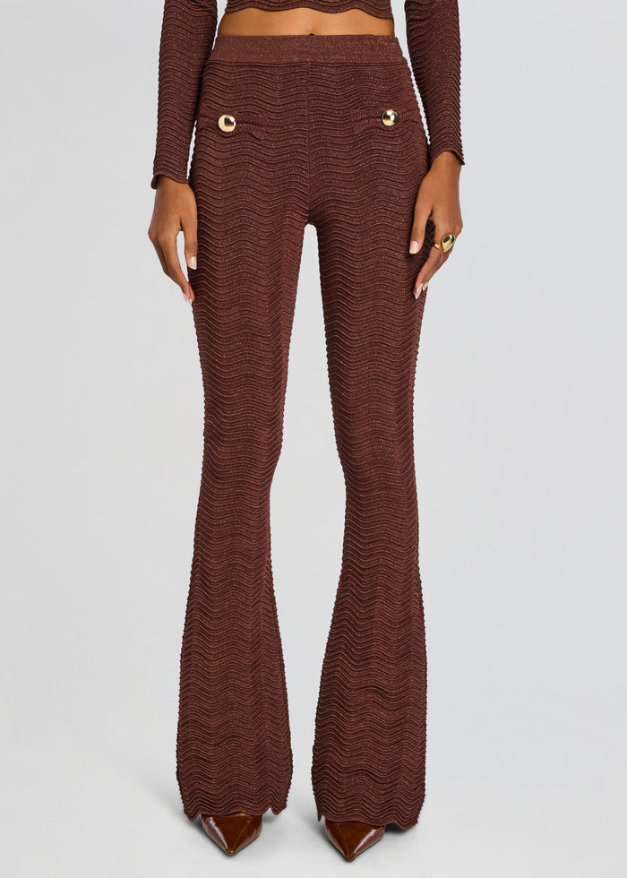 Brown Joliet Rib Knit Pant with textured wavy knit, high waist and gold button pocket accents. media 1 of 5