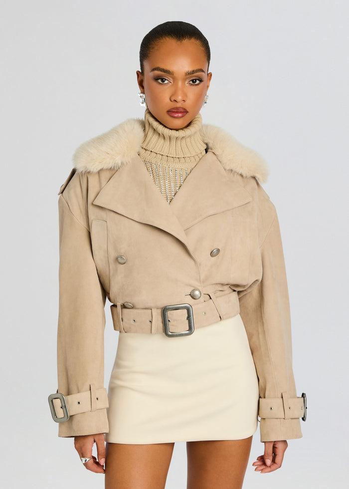 Front view of a beige Rubee Coat with fur collar and oversized lapels, belted at the waist. media 6 of 6