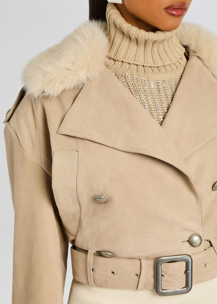 Beige Rubee Coat with a fluffy fur collar worn over a chunky beige turtleneck media 2 of 6