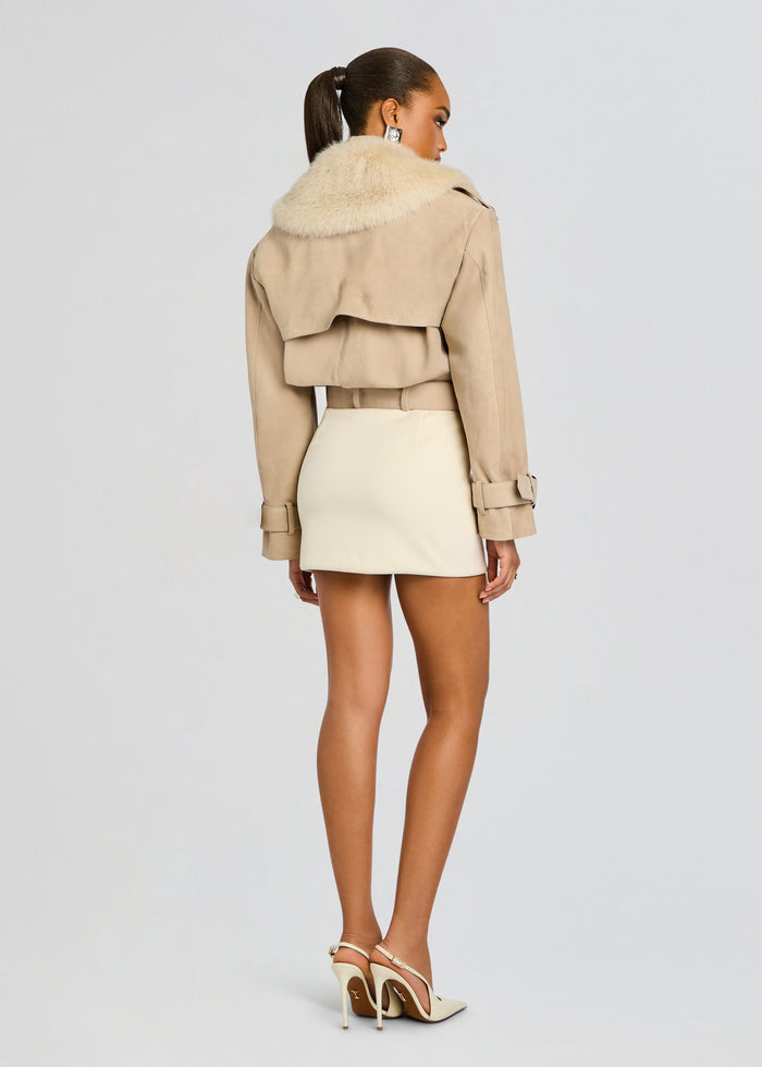 Back view of beige Rubee Coat with a fluffy fur collar and waist belt media 4 of 6