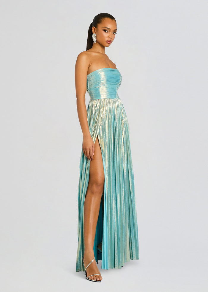 Front view of Sevyn Dress in pale blue with cape sleeves and a high slit media 3 of 5