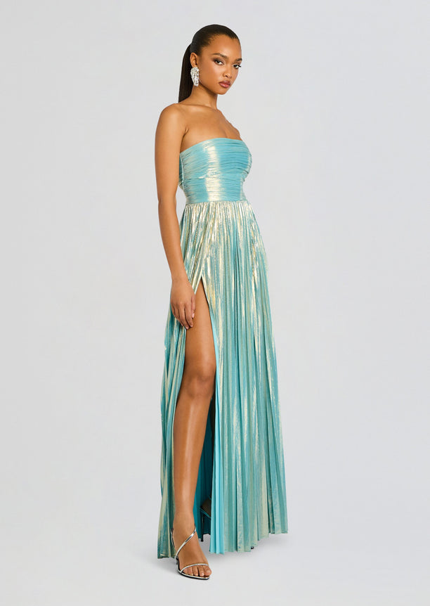 Front view of Sevyn Dress in pale blue with cape sleeves and a high slit