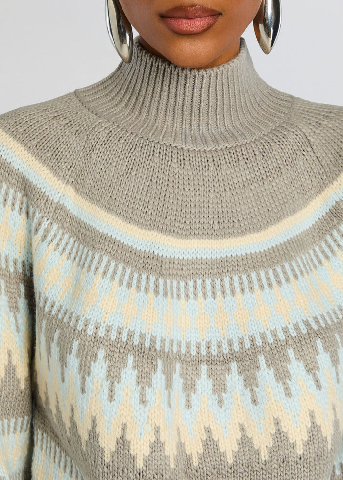 Tirza Sweater close-up of beige knit turtleneck with pale blue and cream pattern media 3 of 5
