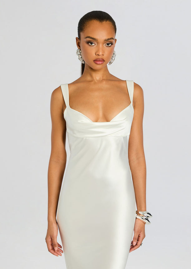 Front view of ivory Vinicia Dress with structured draped neckline and wide straps.