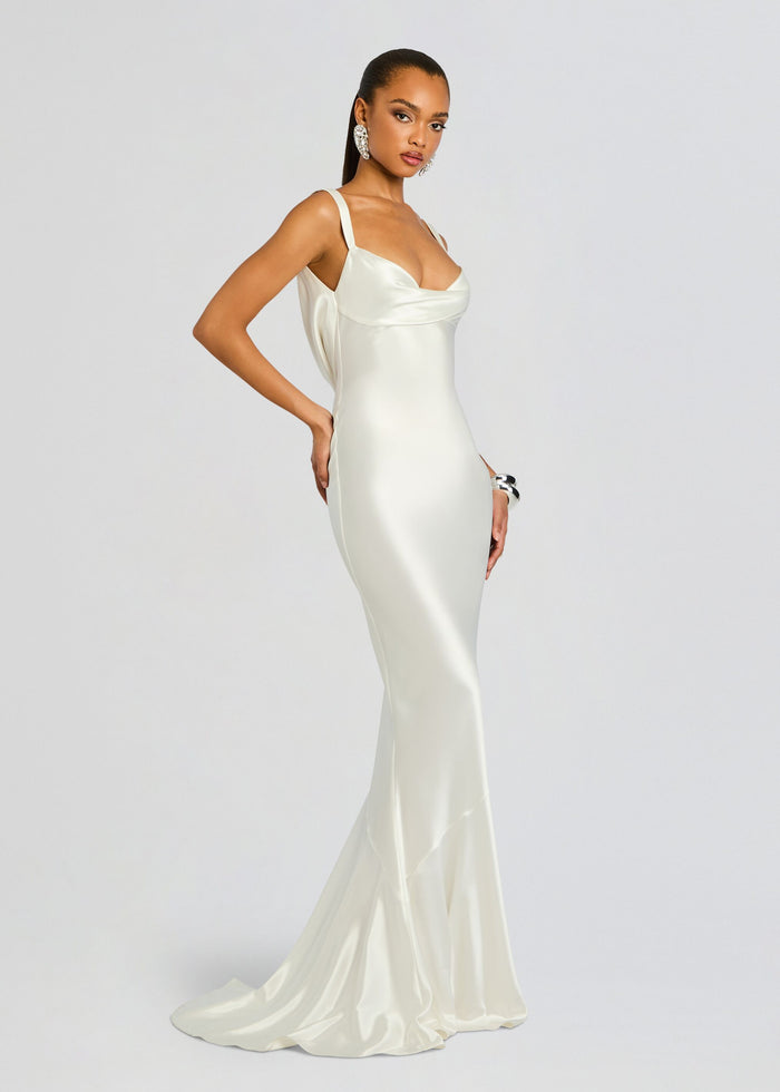 Full length ivory Vinicia Dress in satin with a fitted silhouette and subtle draped neckline. media 4 of 5