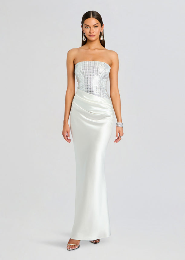 Front view of Alexandra Embellished Dress with silver sequined strapless bodice and draped satin skirt.