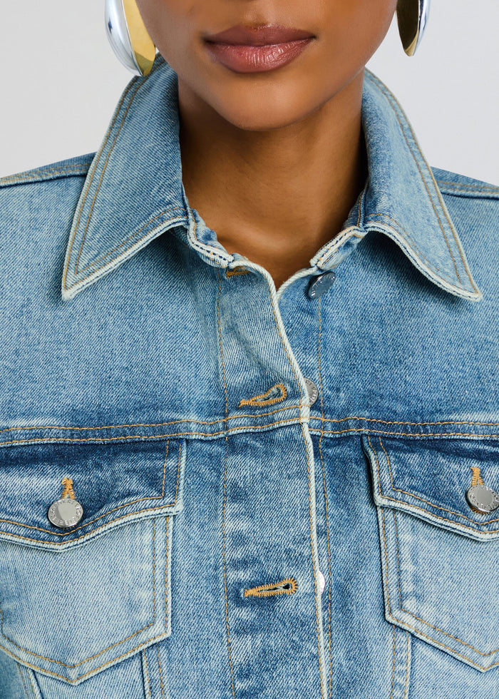 Close up of Aleyni Denim Dress collar with front button in light wash denim media 2 of 5