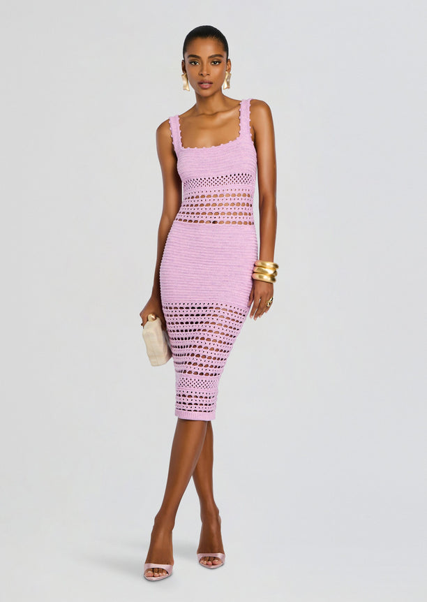 Lilac knit crochet midi dress on a model with scalloped strap edges and openwork panels at the waist